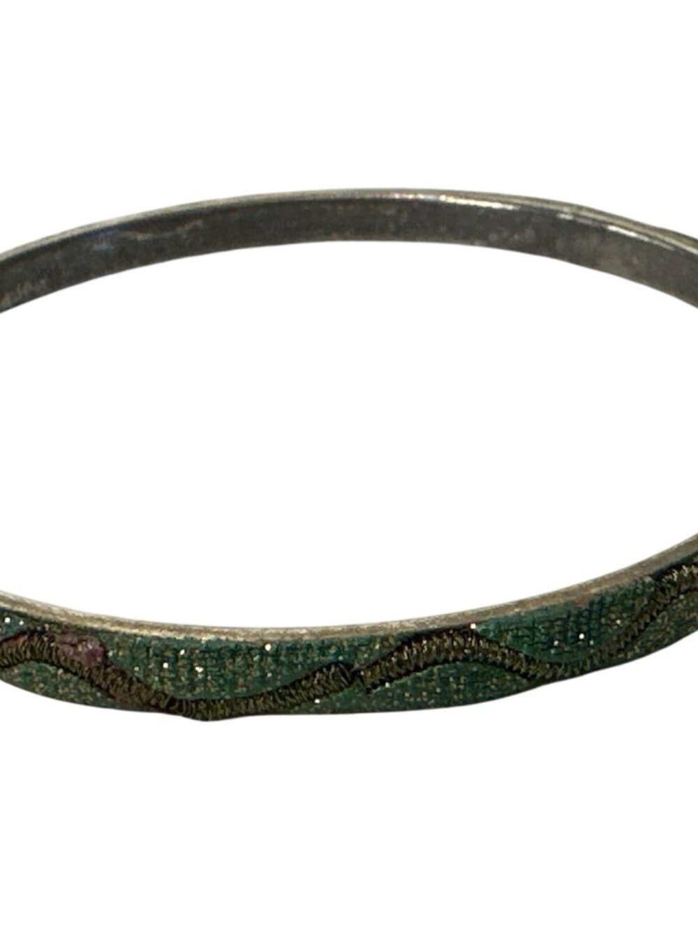 Bangle Bracelet Green Glittered Wavy Design Silver-Tone Base 2.5" Diameter